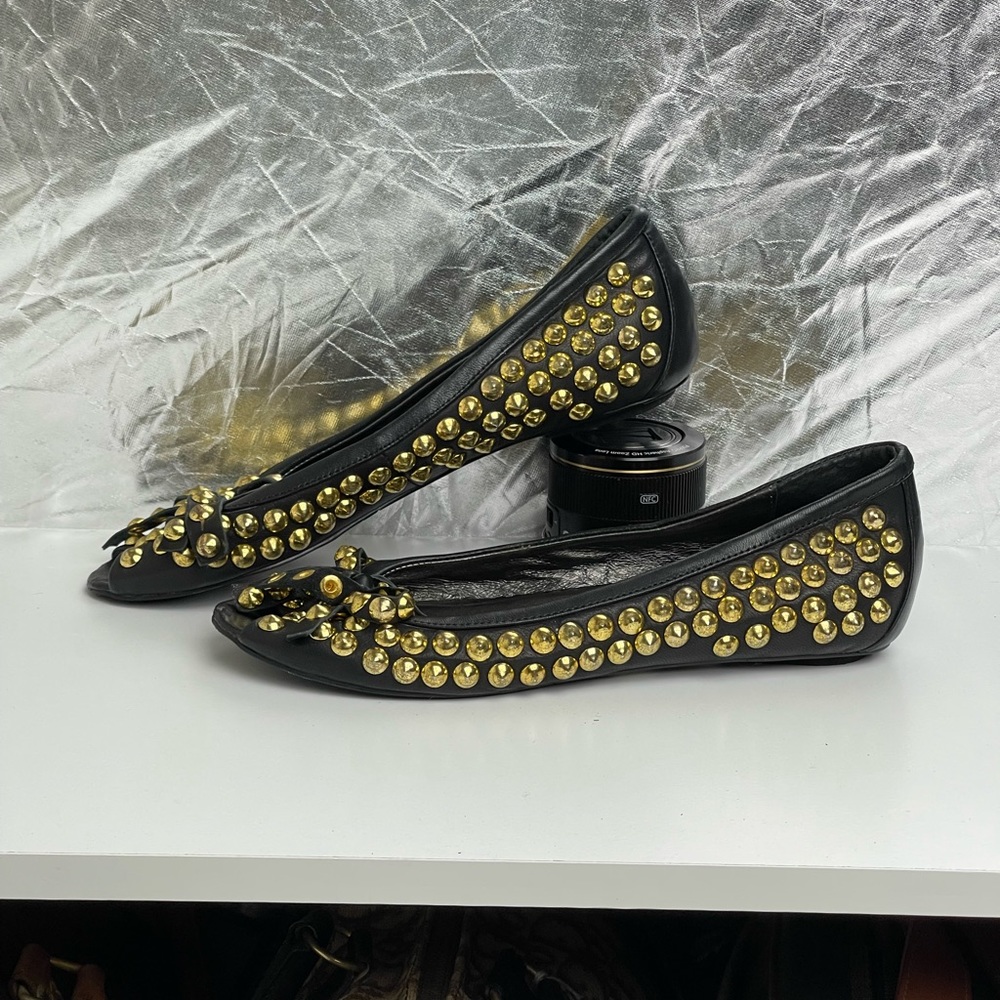 Miu Miu Open Toe Ballet Flats With Gold Studs And… - image 5